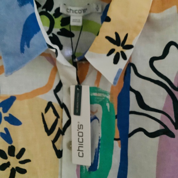 Chico's  Surreal 100% Linen 3/4 Sleeve Shirt Sz 2/ US 12  Whimsical Summer NWT - Picture 3 of 9